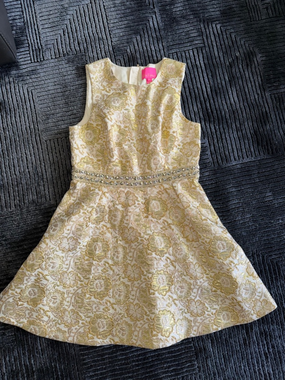 Girls' Gold Floral Jacquard Party Dress with Beaded Waist